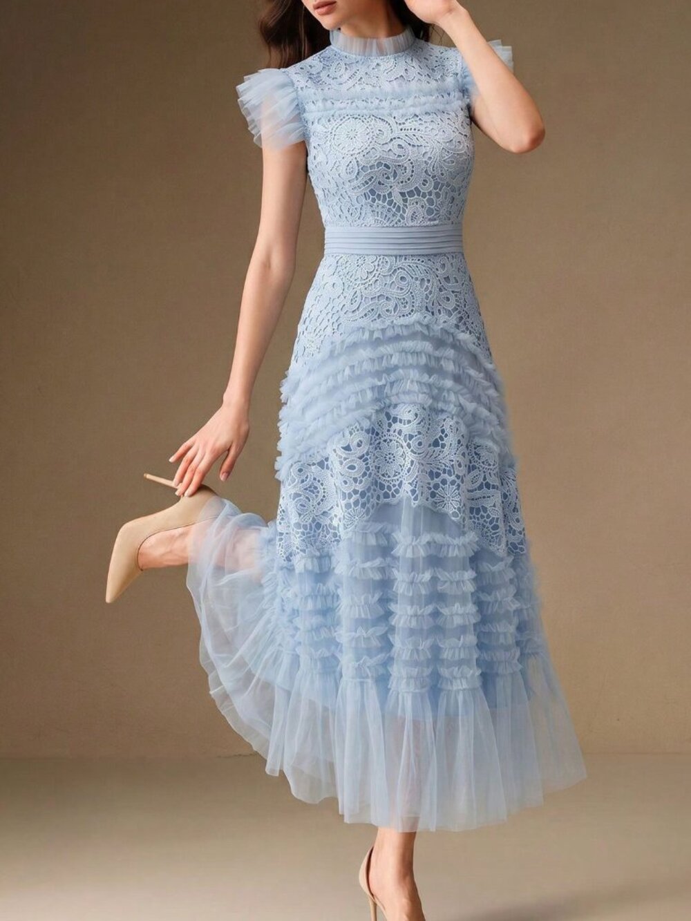 Blue Elegant Women's Plants Puff Sleeve High Waisted Long A-Line Dress